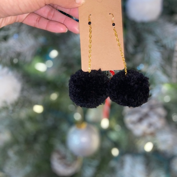 Black Large Pom Pom Earrings - Picture 2 of 5
